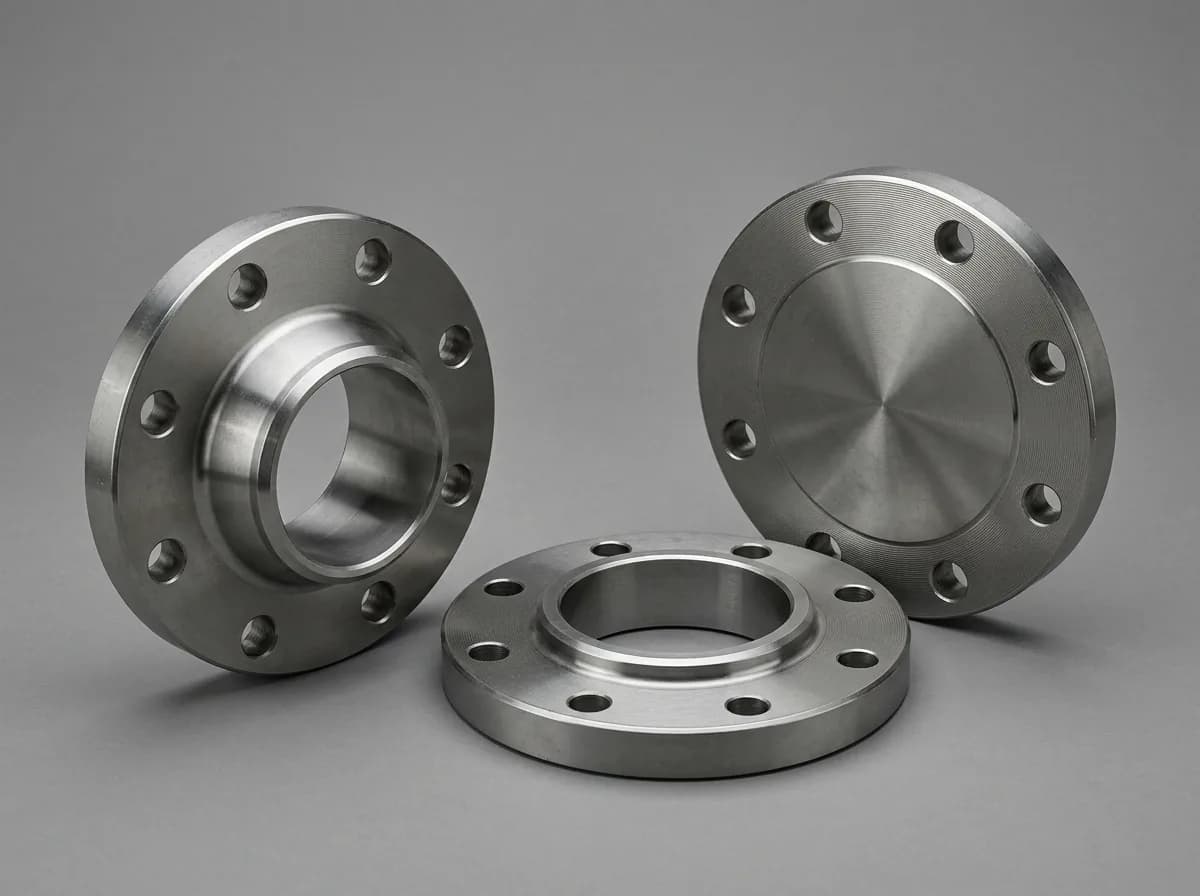 Illustration of three steel flanges, two open and one blind, each with eight bolt holes, on a grey background
