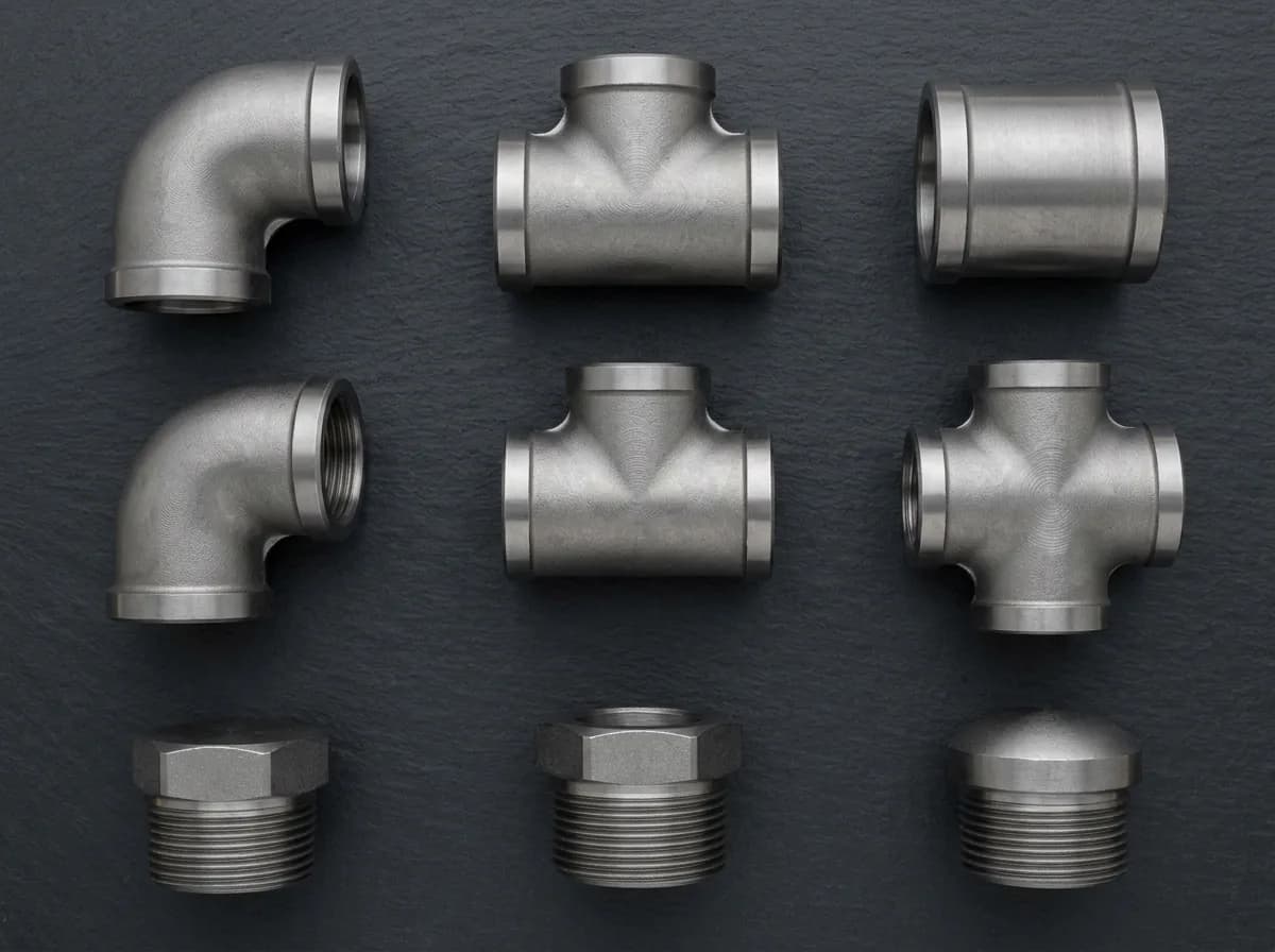 Illustration of nine machined forged steel fittings in a grid on dark slate: socket-weld and threaded elbows, tees, a coupling and a cross, with hex and round plugs