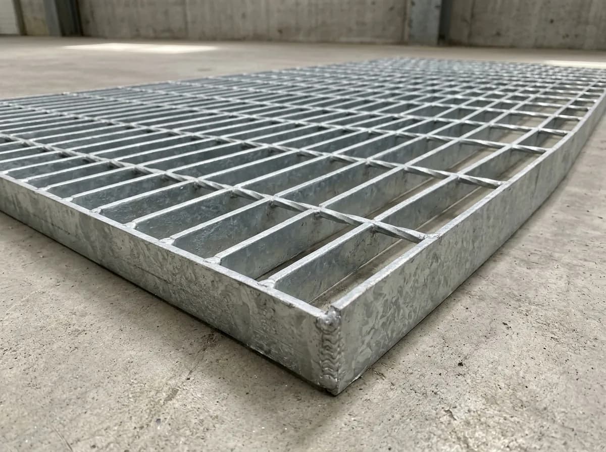 Illustration of a galvanised steel bar grating panel on a concrete floor, seen from a low angle