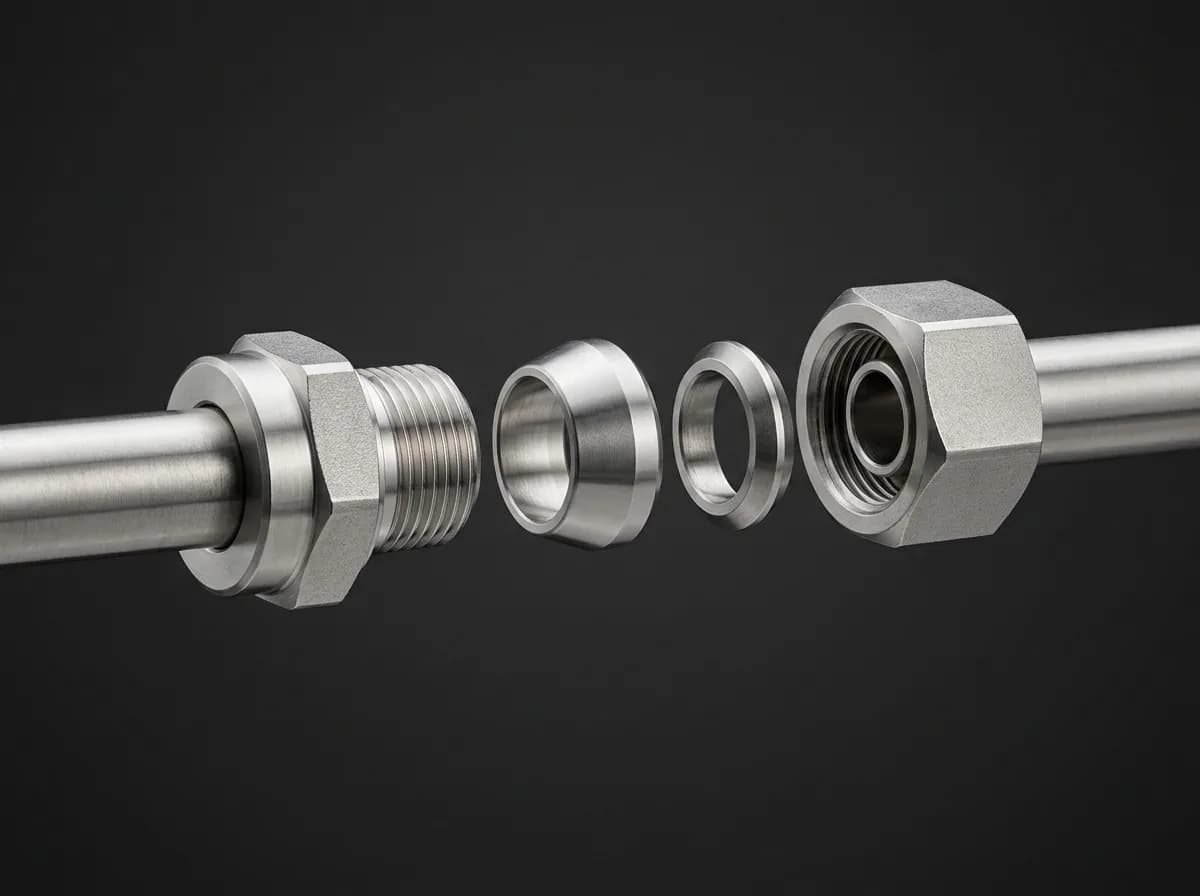 Illustration of a stainless compression tube fitting taken apart along a tube: body, two ferrules and nut