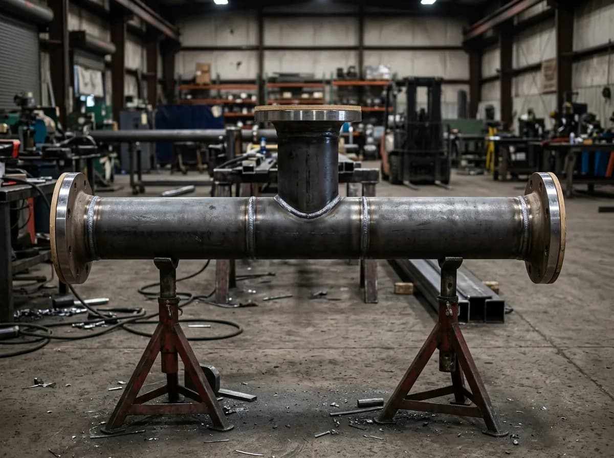 Illustration of a flanged carbon-steel pipe spool with a welded tee branch, resting on stands in a fabrication workshop