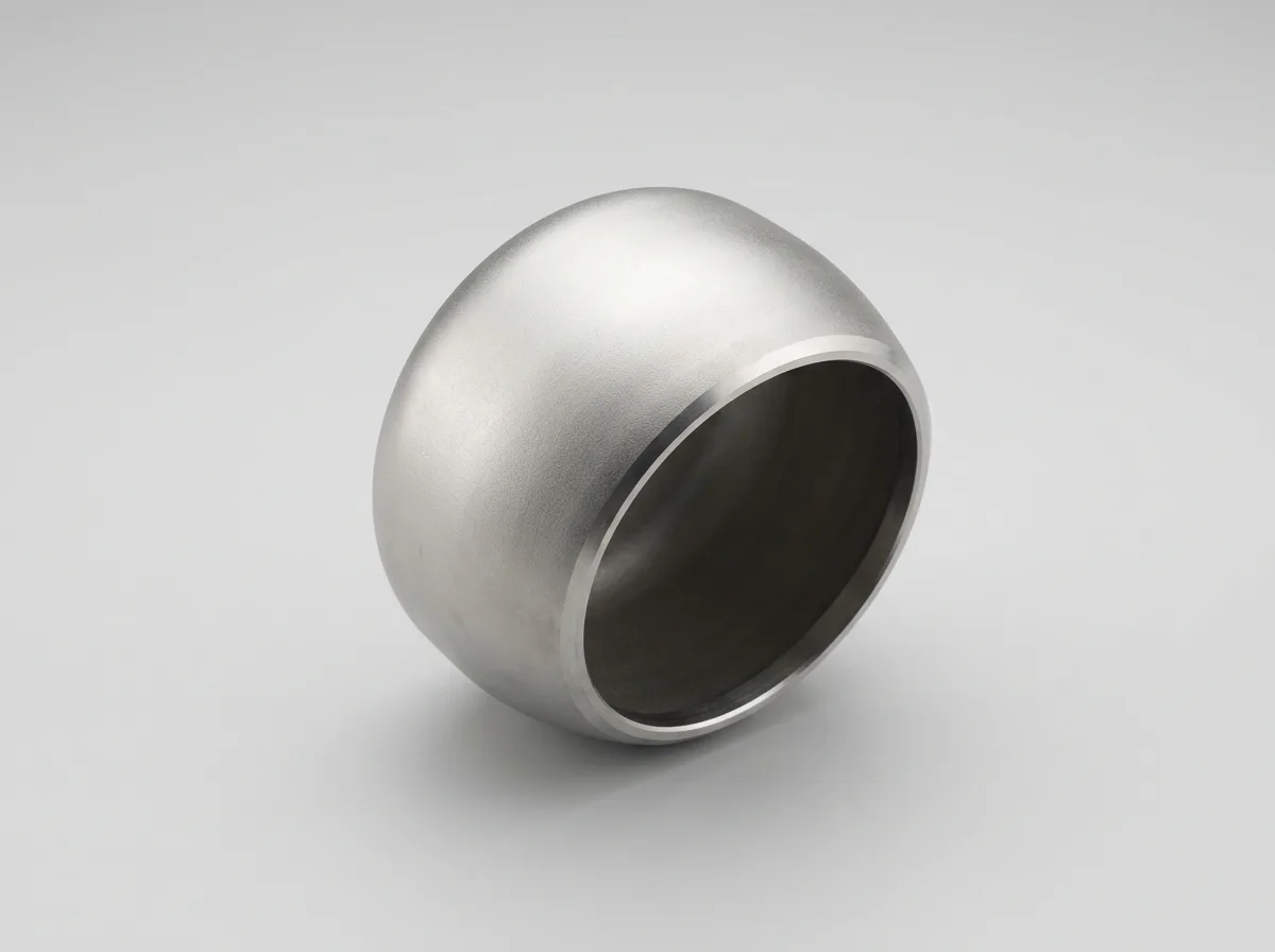 Illustration of a stainless-steel ASME B16.9 buttweld pipe cap, on a light grey background