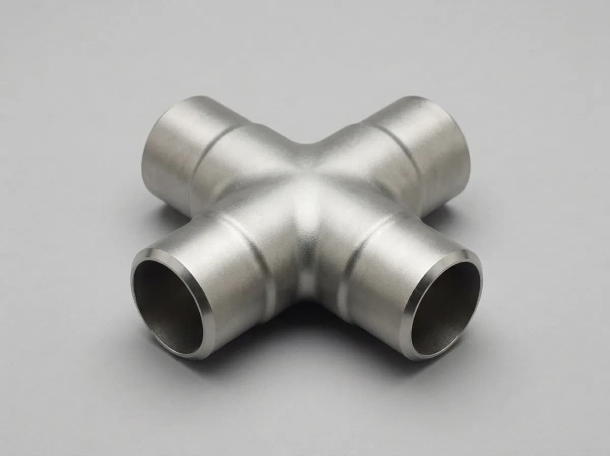 Illustration of a seamless stainless-steel ASME B16.9 buttweld equal cross, on a light grey background