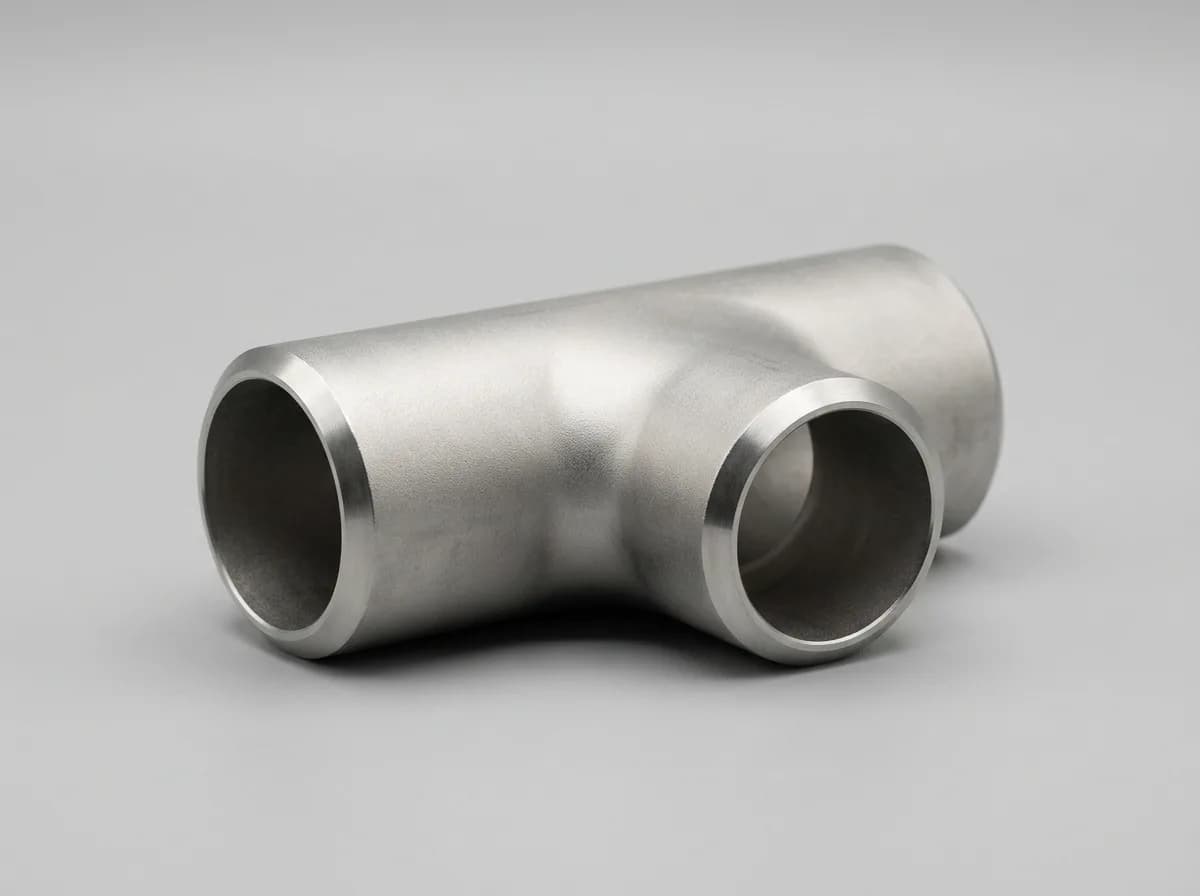 Illustration of a seamless stainless-steel ASME B16.9 buttweld equal tee, on a light grey background