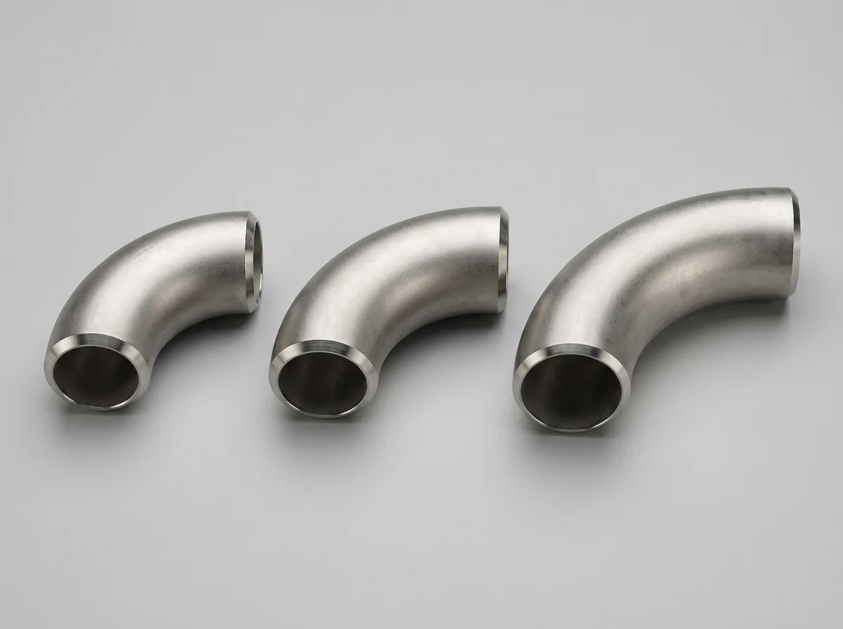 Illustration of three stainless-steel buttweld pipe bends of the same pipe diameter laid side by side, each a 90-degree bend with short straight tangent ends, with progressively larger bend radius from left to right (tight, medium, long sweeping), on a light grey background