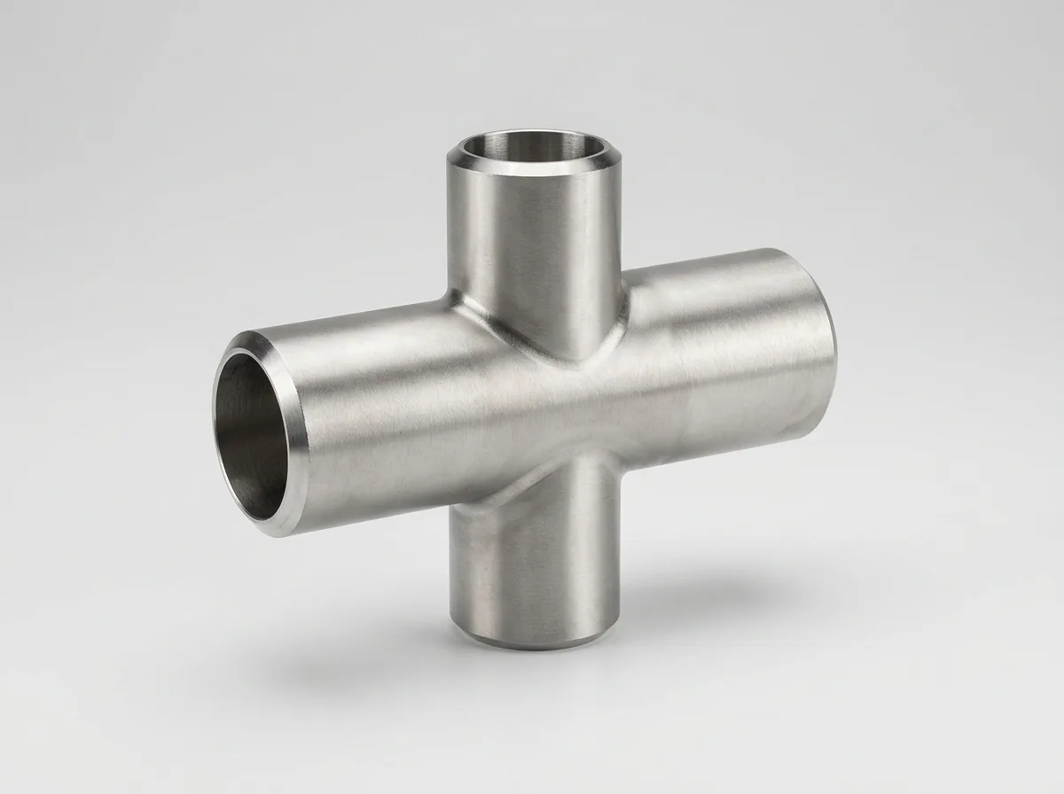 Illustration of a stainless-steel ASME B16.9 buttweld reducing cross, on a light grey background