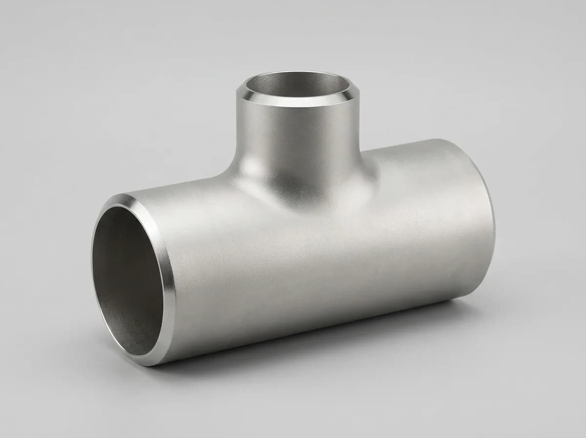 Illustration of a seamless stainless-steel ASME B16.9 buttweld reducing tee, on a light grey background