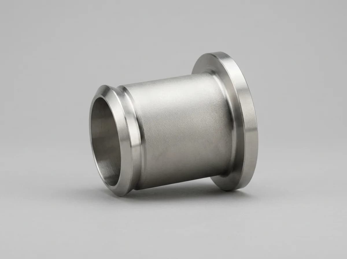 Illustration of a stainless-steel MSS SP-43 short-pattern stub end, on a light grey background