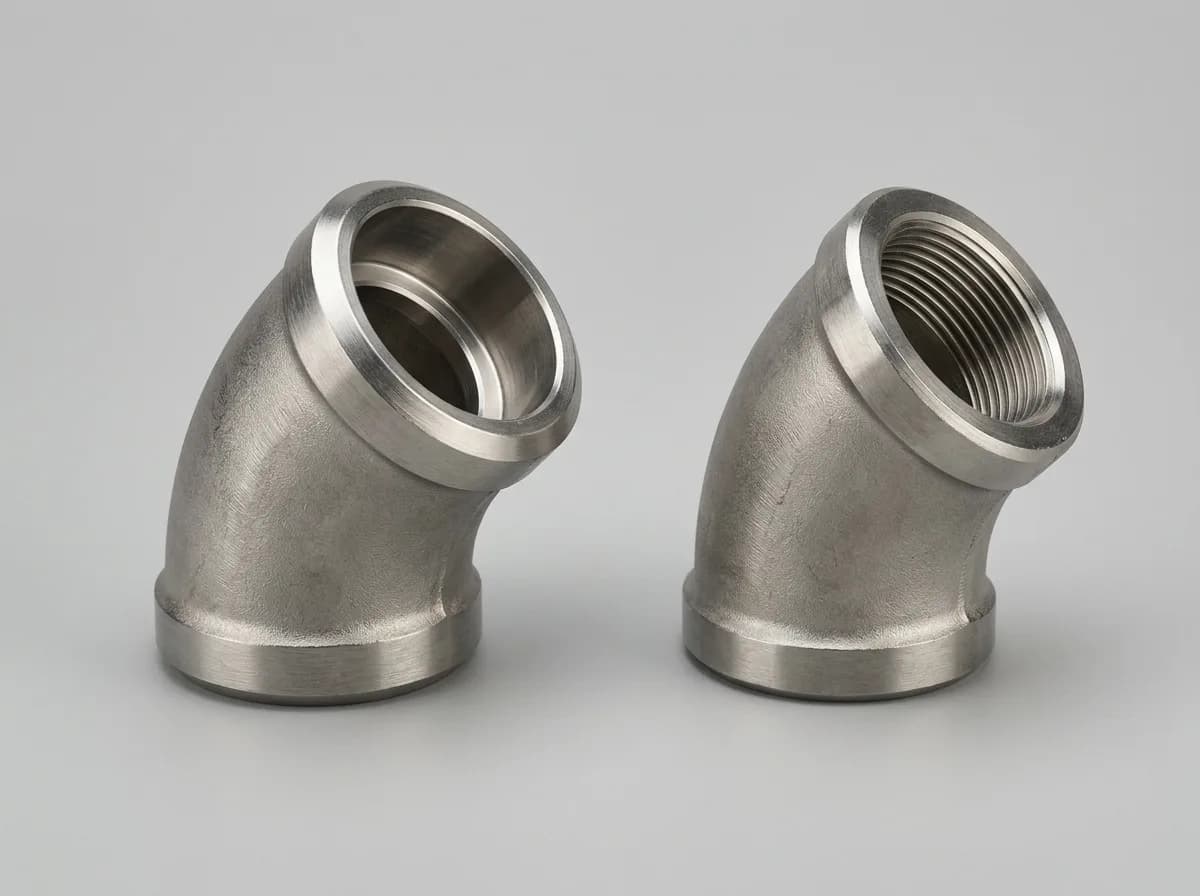 Illustration of two forged stainless-steel ASME B16.11 Class 3000 45-degree elbows, on a light grey background