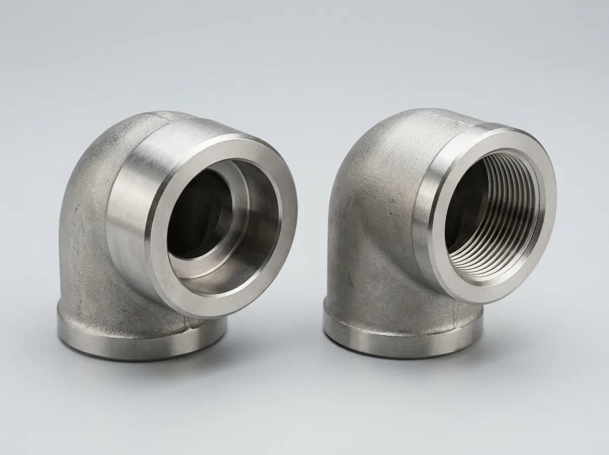 Illustration of two forged stainless-steel ASME B16.11 Class 3000 90-degree elbows, on a light grey background