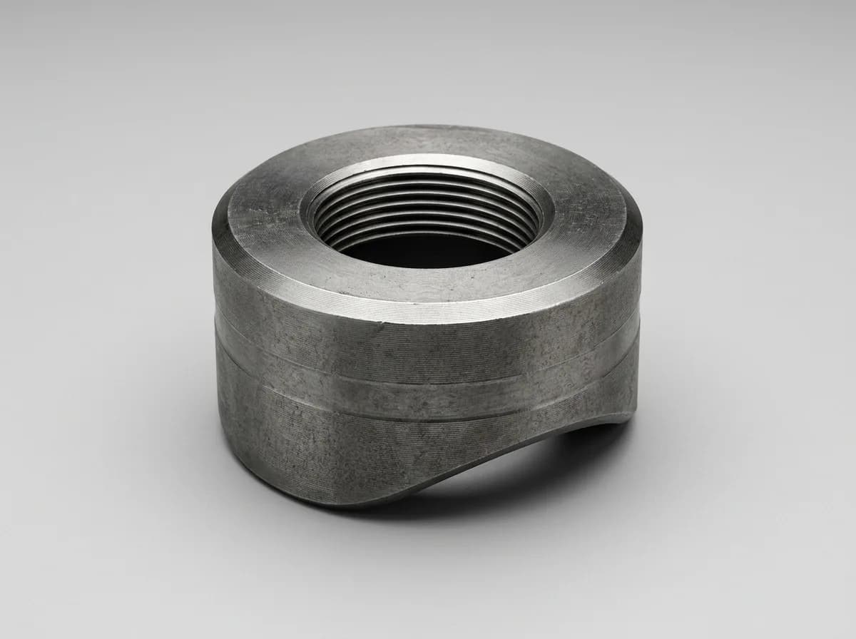 Illustration of a forged carbon-steel weld boss, on a light grey background