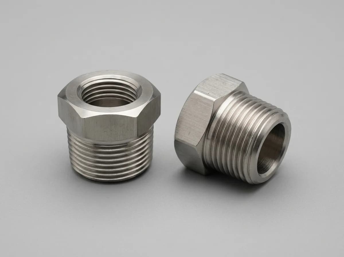 Illustration of two forged stainless-steel threaded hex bushings, on a light grey background
