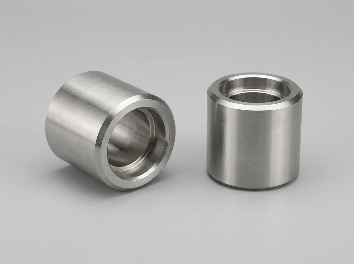 Illustration of two forged stainless-steel ASME B16.11 Class 3000 couplings, on a light grey background