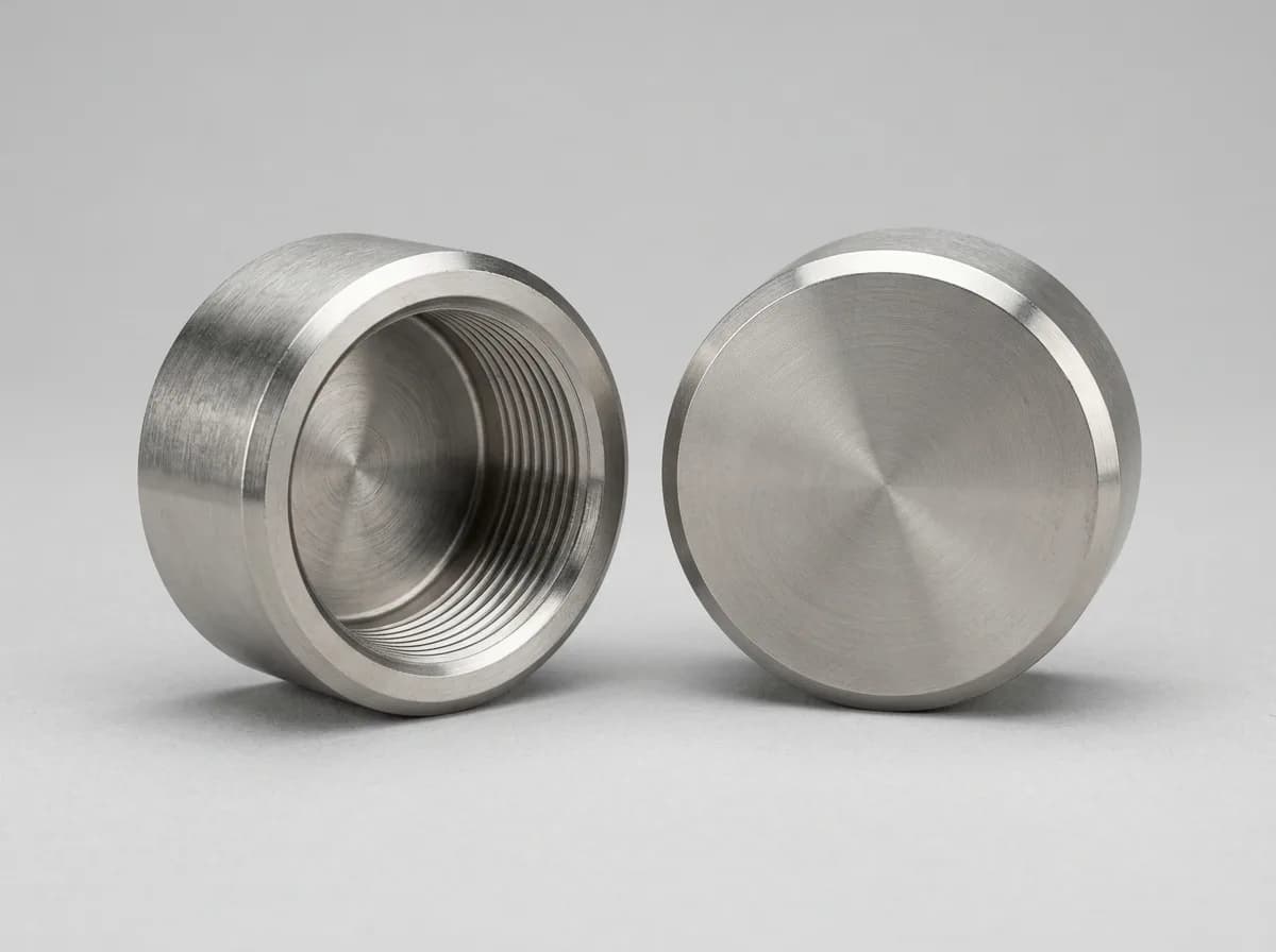 Illustration of two forged stainless-steel ASME B16.11 pipe end caps, each a short SOLID cylindrical cup that is CLOSED at one end with a flat solid end wall, no hole through it, on a light grey background