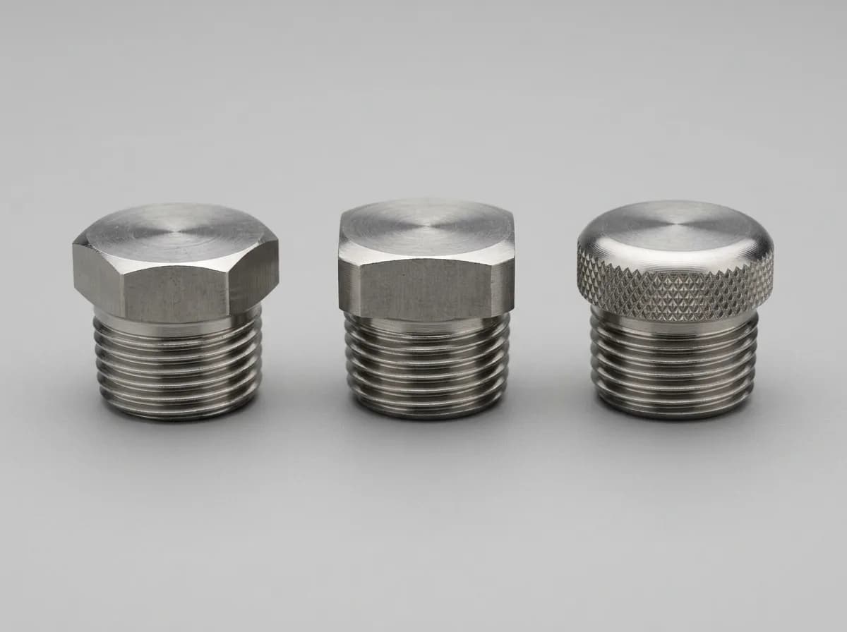 Illustration of three forged stainless-steel threaded pipe plugs side by side, on a light grey background