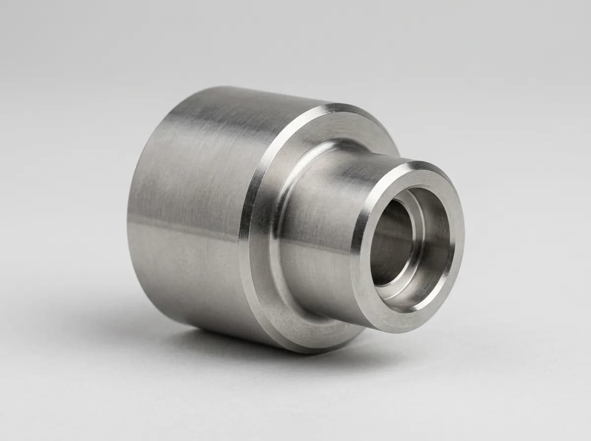 Illustration of a forged stainless-steel socket-weld reducer insert lying on its side, on a light grey background