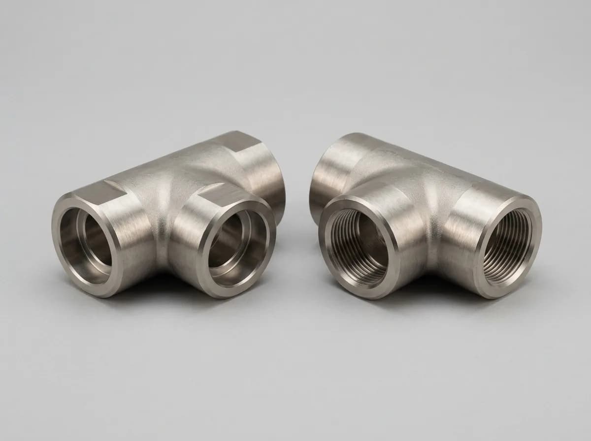 Illustration of two forged stainless-steel ASME B16.11 Class 3000 equal tees, on a light grey background