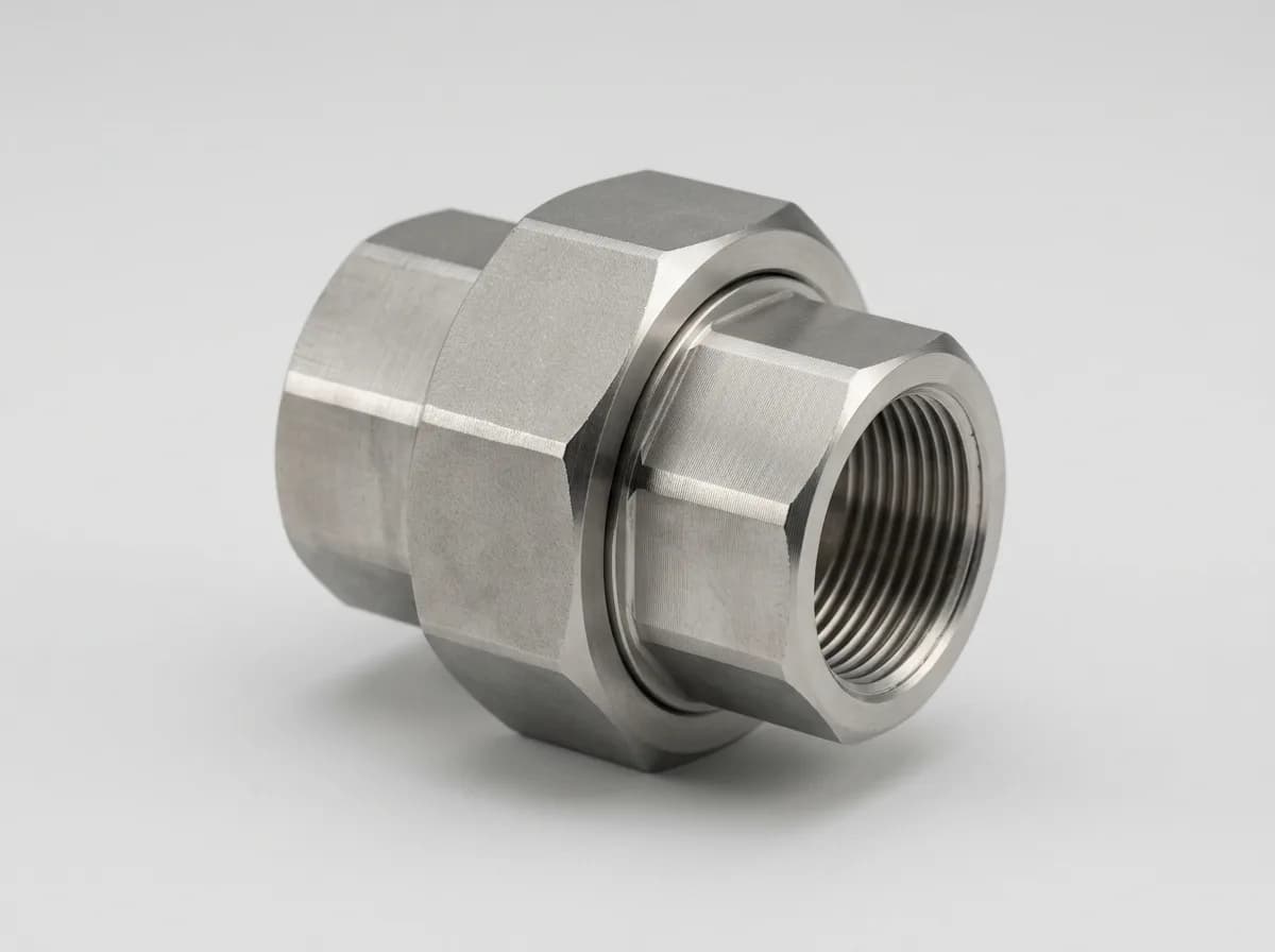 Illustration of a forged stainless-steel MSS SP-83 threaded union, assembled, on a light grey background