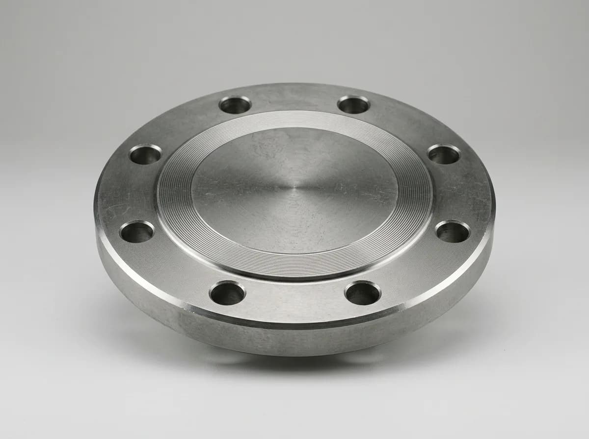 Illustration of a forged carbon-steel ASME B16.5 blind flange, on a light grey background