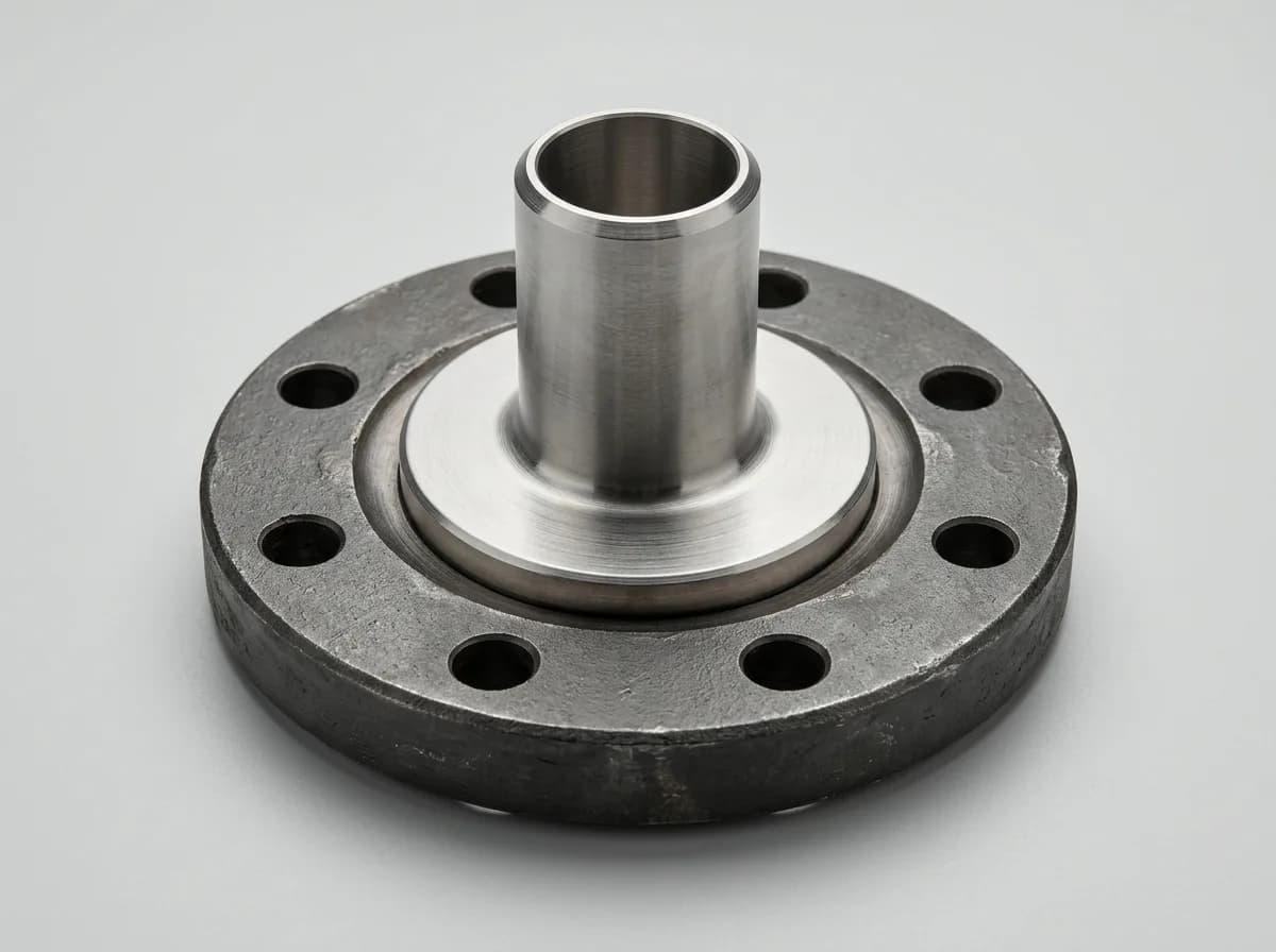 Illustration of a forged carbon-steel ASME B16.5 lap joint flange (a flat loose ring with eight bolt holes and a rounded bore edge) fitted over a stainless-steel stub end whose flared lap sits against the flange face, on a light grey background
