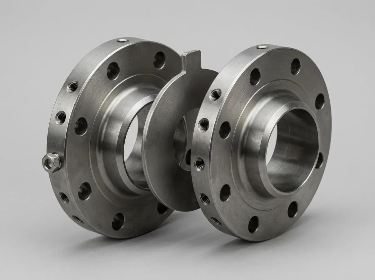 Illustration of a pair of forged carbon-steel ASME B16.36 orifice flanges, on a light grey background