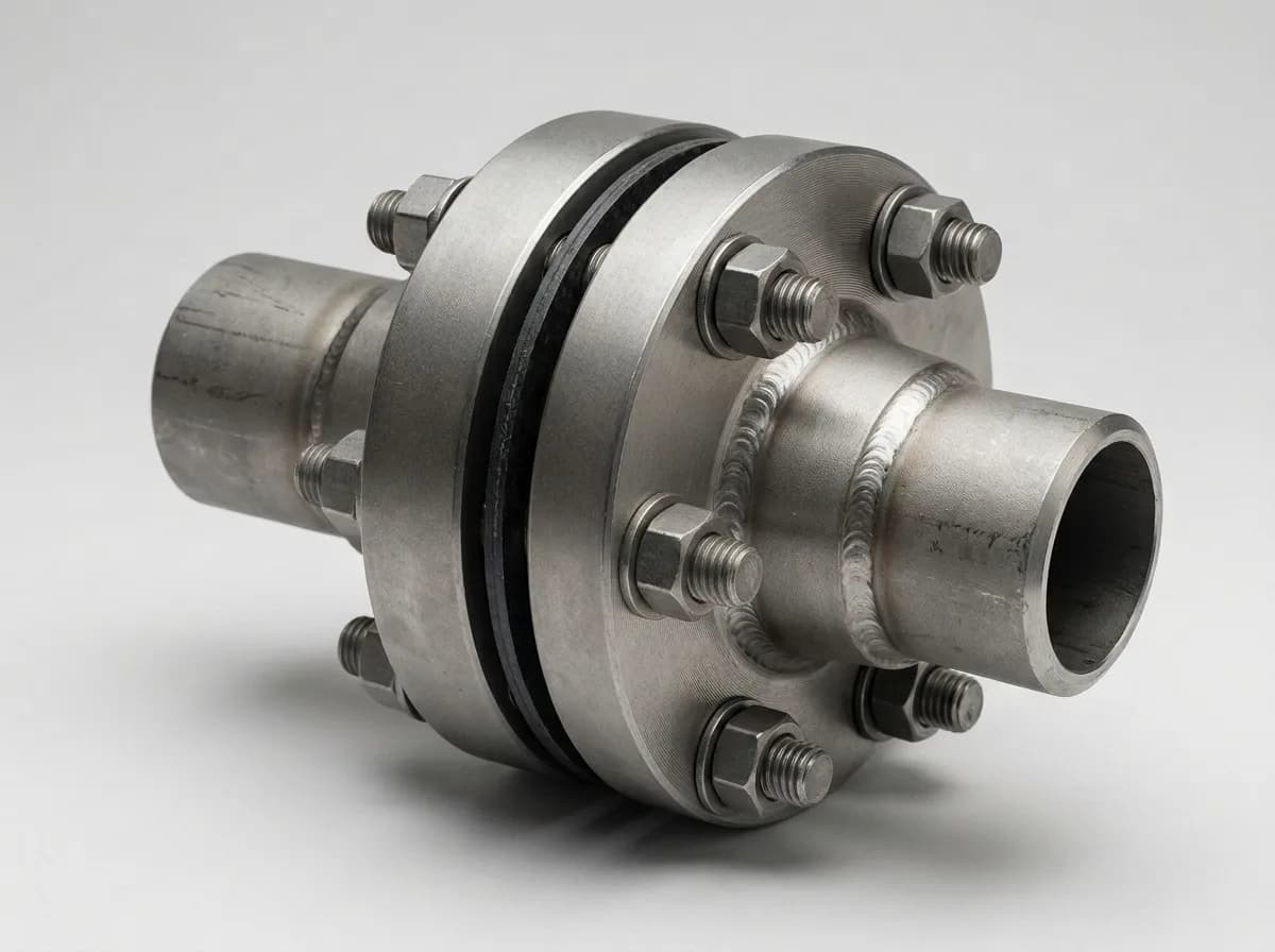 Illustration of a bolted flange joint, on a light grey background