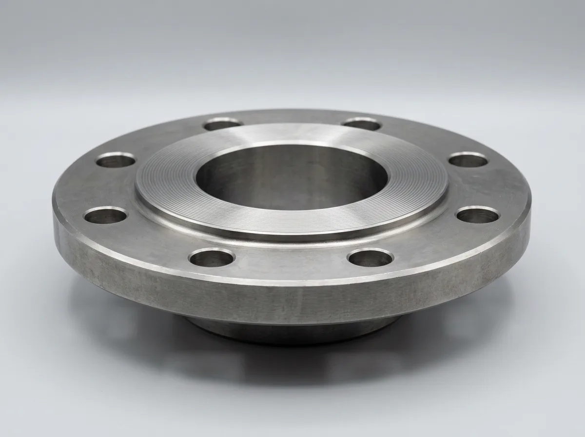 Illustration of close three-quarter view of a forged carbon-steel raised face flange, on a light grey background