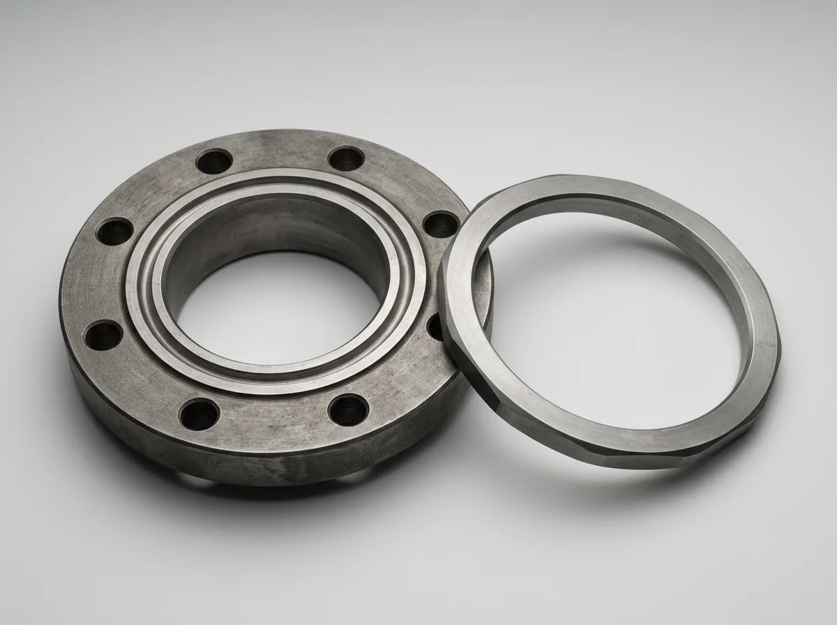 Illustration of a forged carbon-steel ring type joint (RTJ) weld neck flange lying face up, on a light grey background