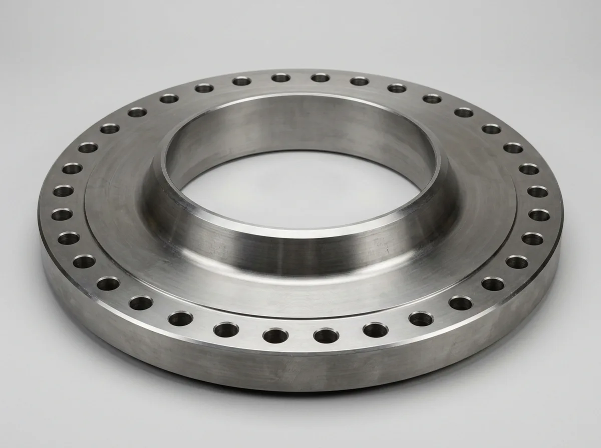 Illustration of a large-diameter forged carbon-steel ASME B16.47 Series B weld neck flange, on a light grey background