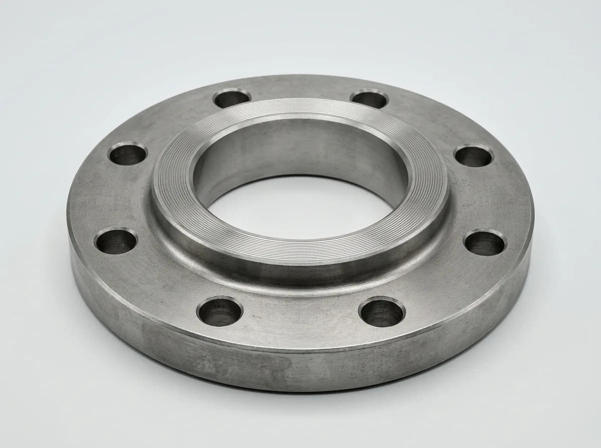 Illustration of a forged carbon-steel ASME B16.5 slip-on flange, on a light grey background