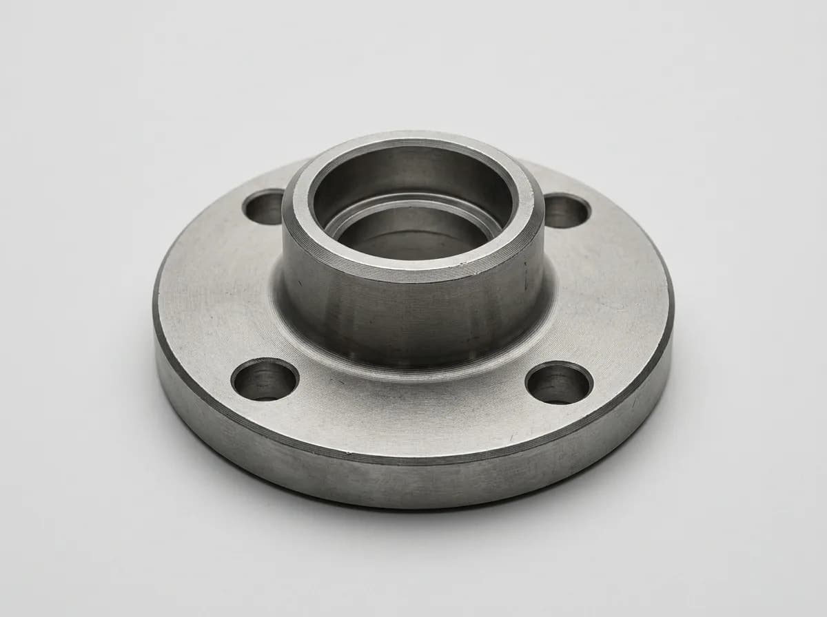 Illustration of a small forged carbon-steel ASME B16.5 socket weld flange, on a light grey background