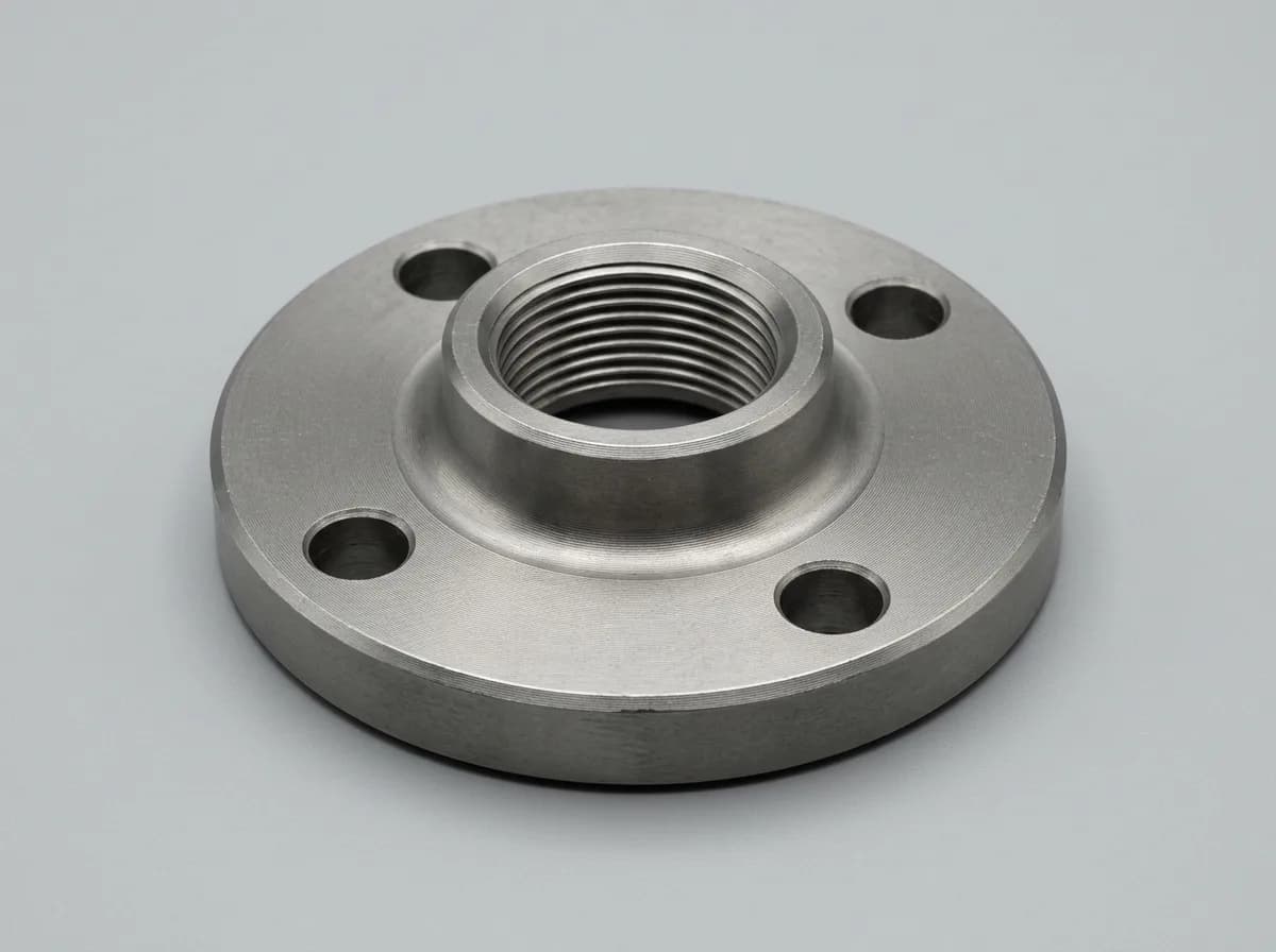 Illustration of a small forged carbon-steel ASME B16.5 threaded flange, on a light grey background