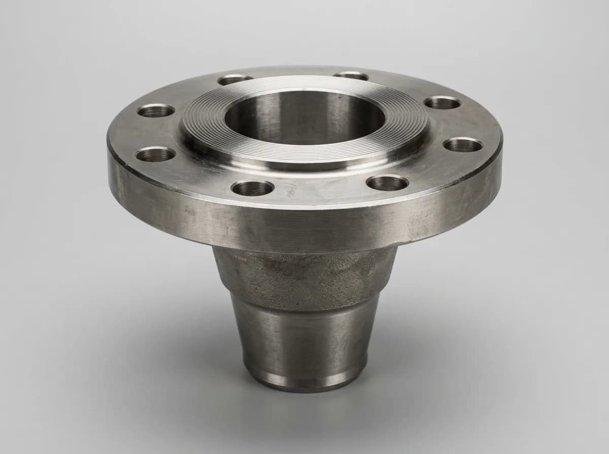 Illustration of a forged carbon-steel ASME B16.5 weld neck flange, on a light grey background