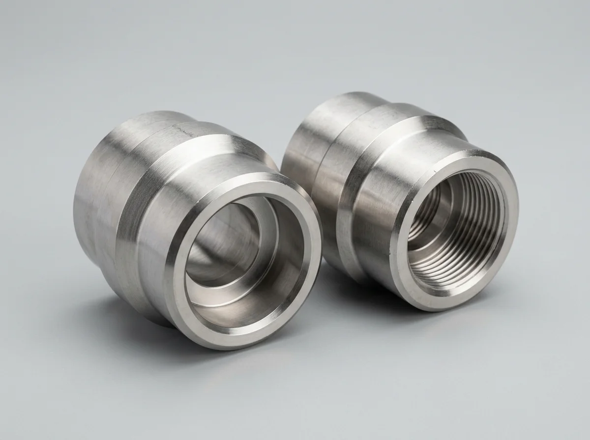 Illustration of two forged stainless steel reducing couplings (one socket-weld, one threaded) on a light grey background